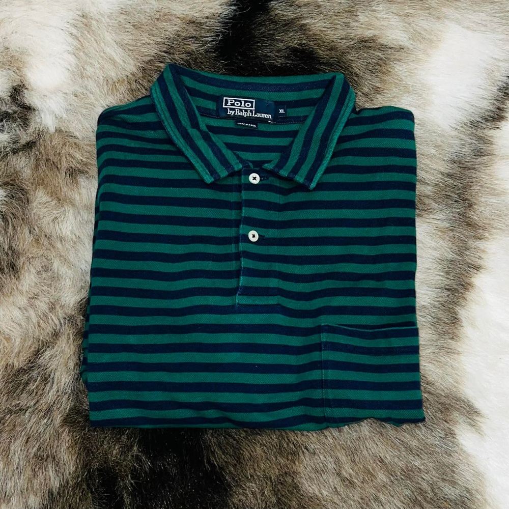 Vintage Polo Ralph Lauren Striped Polo Shirt Green Navy XL Pocket USA Classic